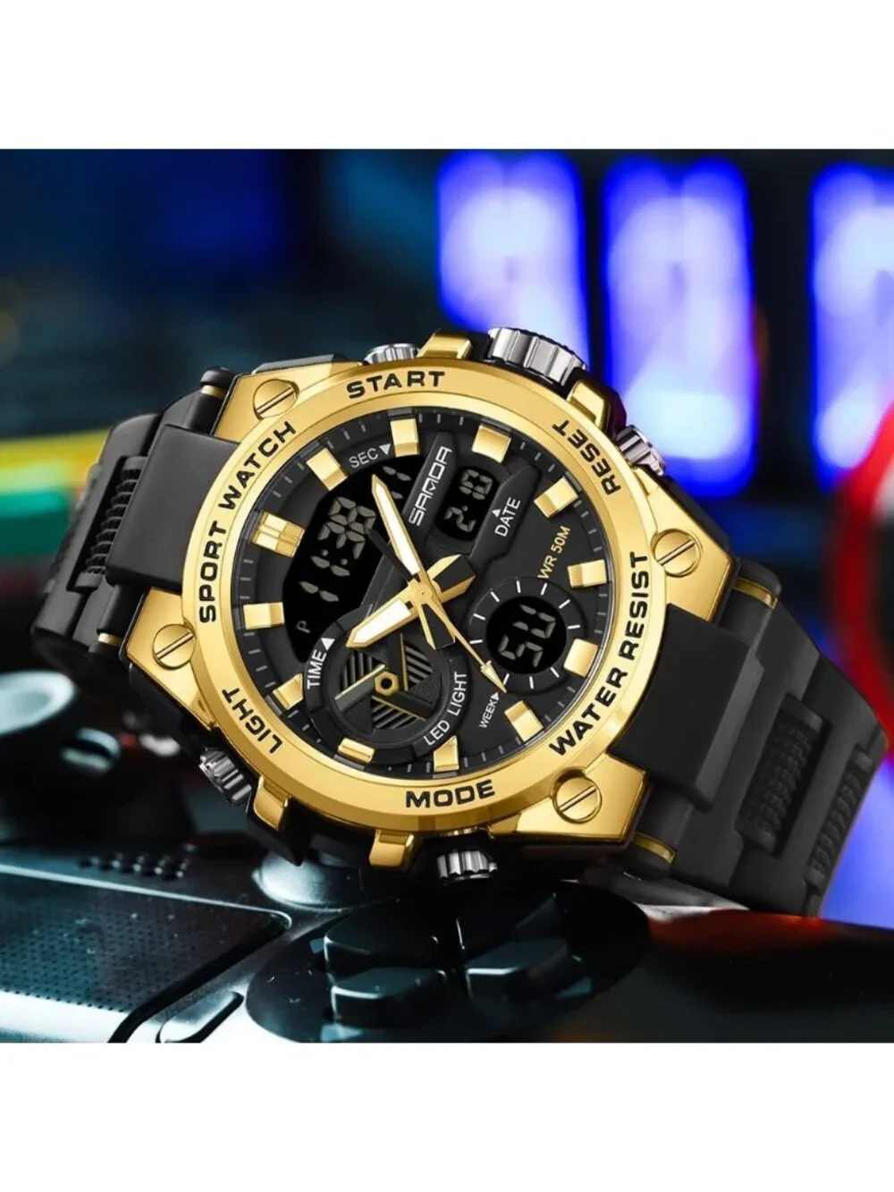 Men's Gold Analog Quartz Sports Outdoor Waterproof Military LED Digital Watch